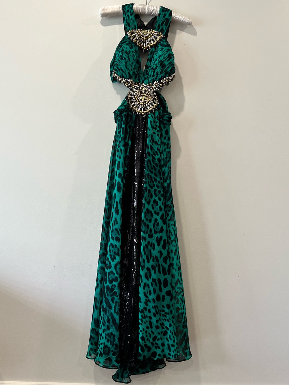 Emerald Green Leopard Print Beaded Cutout Sequin Maxi Gown Size Medium